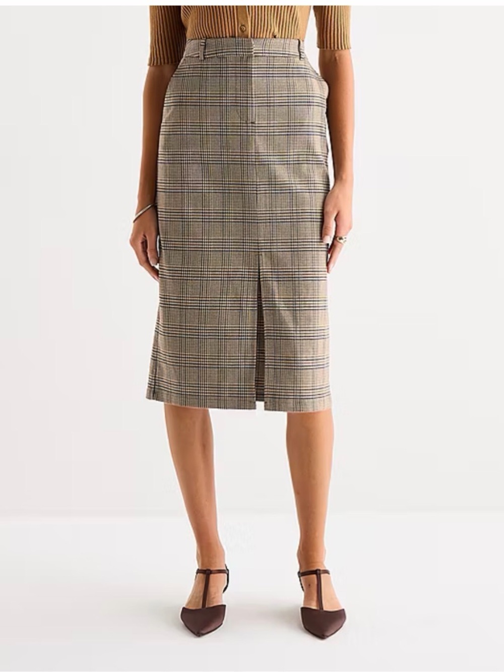 Worthington Plaid Midi Skirt Open front slit in Brown Navy  Size 6